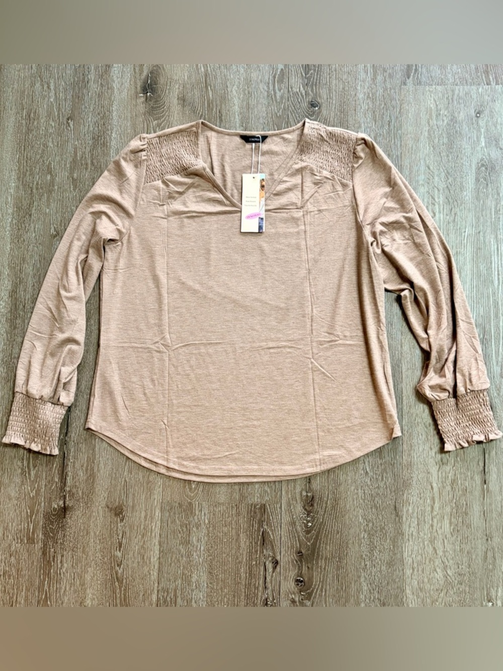 Women Long Puff Sleeve Tops Casual Scoop Neck Smocked Cottagcore Tan Blouse 2X